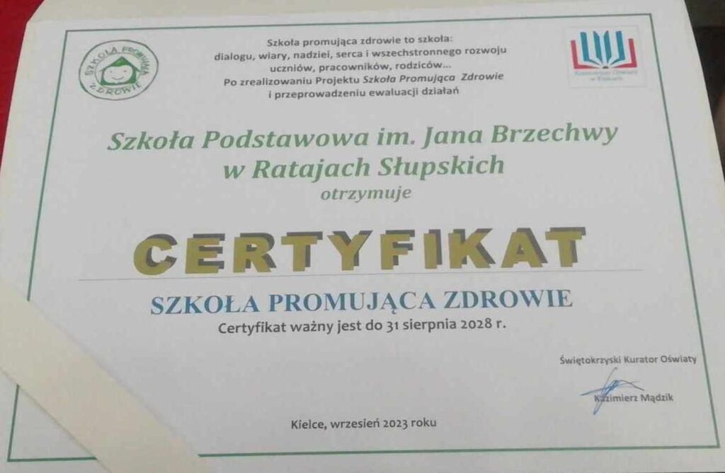 Certyfikat dla szkoły w Ratajach